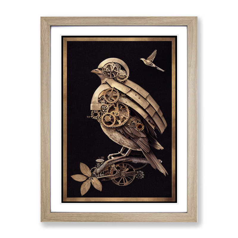 Steampunk Bird - Framed Print, 46cm H x 34cm W x 2cm D, Oak