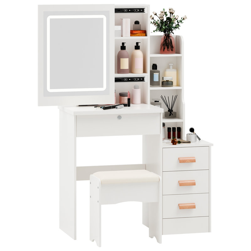 Bureau de maquillage avec miroir lumineux à DEL, coiffeuse à 4 tiroirs et tablettes ouvertes, coiffeuse de chambre à coucher