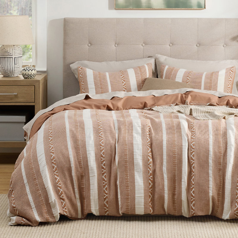 Bedsure Waffle Weave Duvet Cover King - 100% Cotton Boho Beding Set （Set of 3）, Strip Terracotta