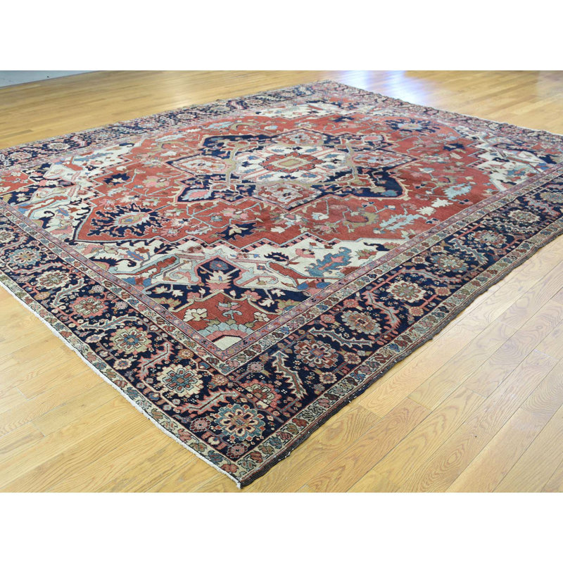 Tapis de la zone en laine bleu/orange 10 pi x 11 pi en laine one-of-kind-noué la main