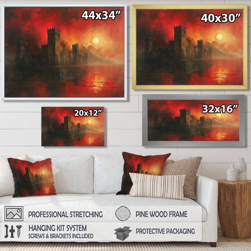 Art mural Fortress Mystic Red Yellow Fortress II, Toile encadrée noire simple, H 12 po x l 20 po x P 1 po