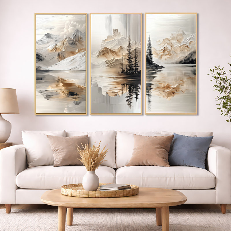 Golden Mountain Reflection - White Lake, ensemble de 3 toiles encadrées, H 32 po x l 48 po, Cadre flottant en bois naturel