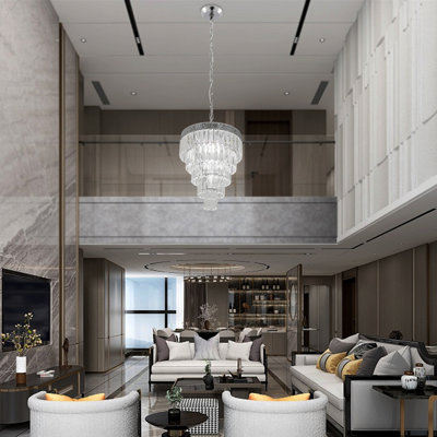 1-Light Modern Crystal Pendant Ceiling Light Chrome Finish Layered Glass Crystal Chandelier 23.62 Inch Adjustable Hanging Chain E26 Bulbs Not Included Dimmable Compatible Indoor Hanging Lamp for Dining Room Bedroom Staircase Hotel Lobby