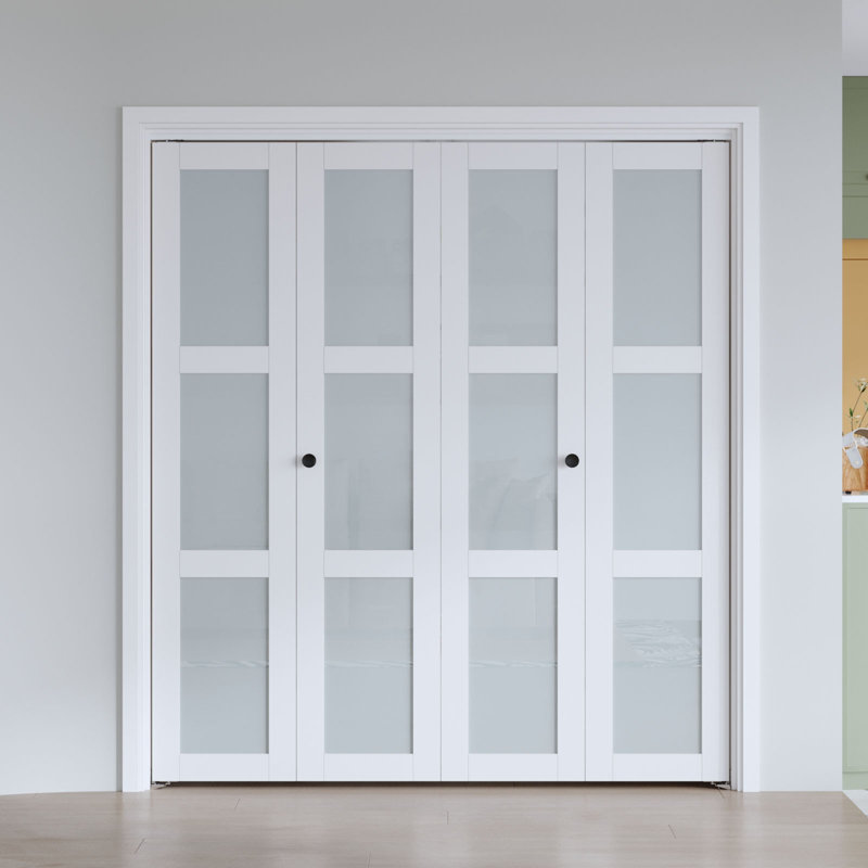 Porte pliante en verre givré et en bois manufacturé massif avec trousse de quincaillerie d'installation, 60 po x 96 po, Blanc