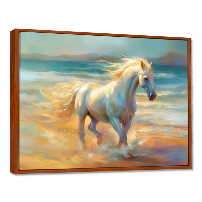 Cheval sur la plage I - art mural cheval, H 16 po x l 32 po x P 1 po, Cadre flottant brun