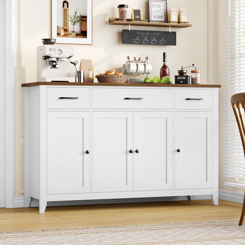 55.1"W Kitchen Sideboard with 3 Drawers, Buffet Cabinet for Dining Room, Living Room, Hallway, White/Wood