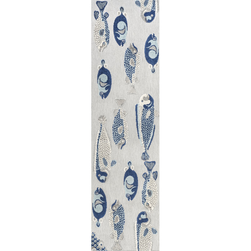 Sabinal Modern Fish High-Low Gray/Navy Indoor/Outdoor Rug, Runner 2'3" x 8'