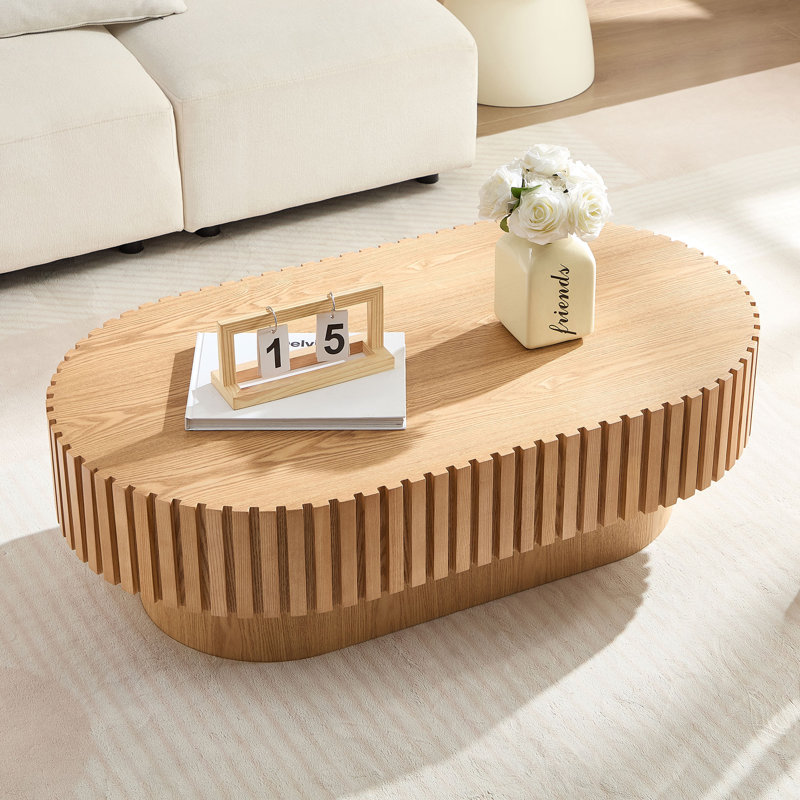 Table basse moderne, longueur de 43,70 pouces, panneau de fibres à densité moyenne et bois avec placage de bois, relief en bois massif, base robuste en panneau de fibres à densité moyenne, assemblage facile, multifonctionnel pour le bureau