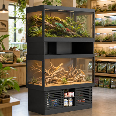 Dual 120 Gallon Reptile Tank with Stand, 2-in-1 Front-Opening Glass Doors & Mesh Top Enclosure, Large Reptile Habitat with Storage Cabinets and Built-In Power Outlet for Bearded Dragons, Snakes, Lizards, Geckos, or Tortoises (Bulbs and Lampshades Not Inc