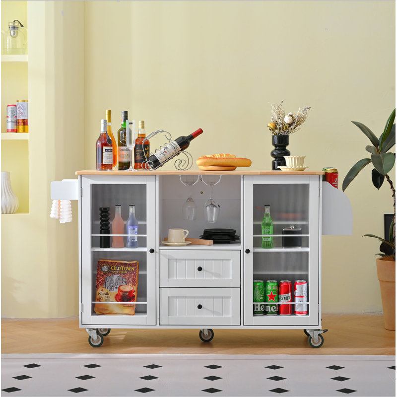 Mobile Kitchen Island Storage Trolley Cart On Wheels With Dropleaf Top, Towel/Spice Rack,2 Drawers, 2-Door Cabinet