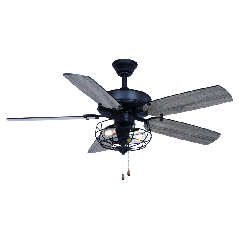 Merih 48 in. Matte Black Indoor Rod Mount Farmhouse Ceiling Fan with Reversible Dark Bronze-Driftwood Blades, LED Light Kit and Pull Chain Included, 3 Speeds, Metal Cage Drum Shade