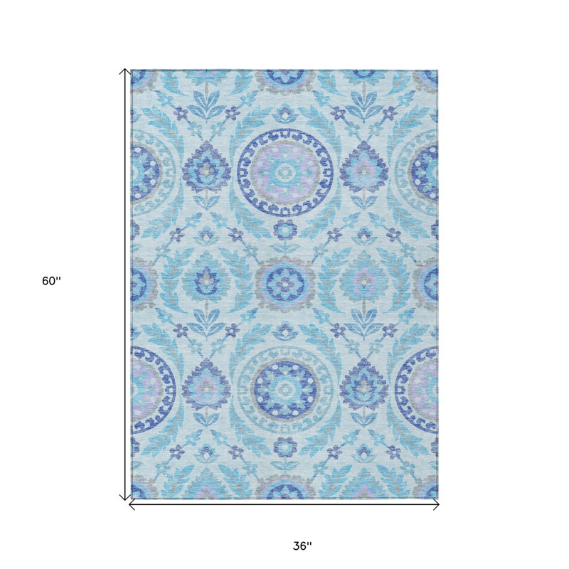 3' X 5' Sky Blue And Lavender Floral Washable Indoor Outdoor Area Rug