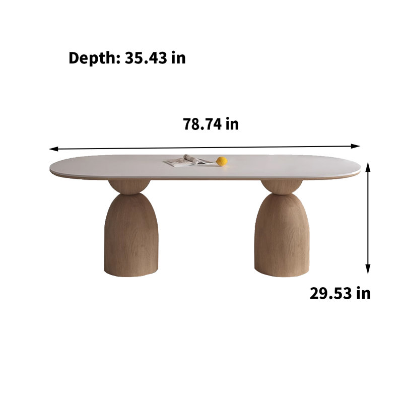 Cream Solid Wood & Stone Slab Oval Dining Table Solid Wood Base Dining Table, 29.53"H x 78.74"L x 37.4"W