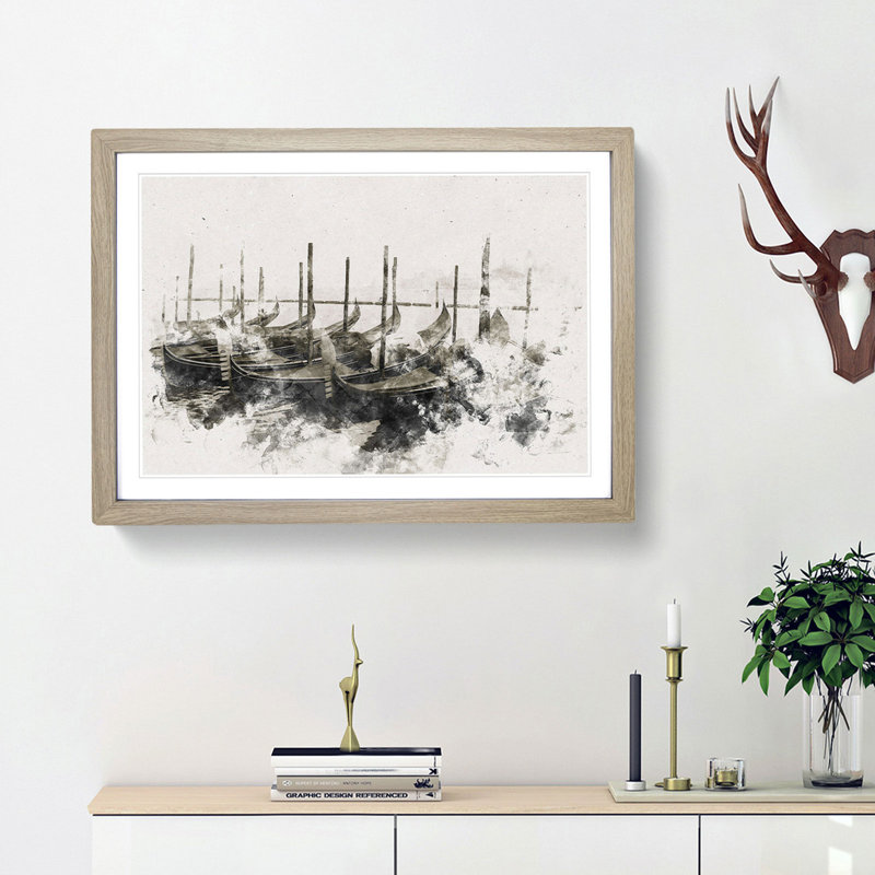 Docked Gondolas In Venice Italy - Picture Frame Painting, 62cm H x 87cm W x 2cm D, Oak Framed