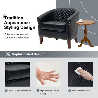 Fauteuil demi-tonneau capitonné en similicuir noir Edvardas