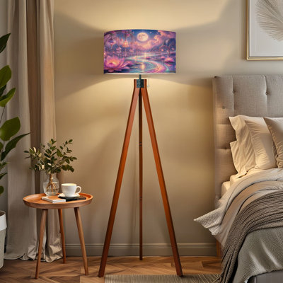  Tripod Standing Lamp Enchanted Lotus Pond Glowing Flowers, Full Moon Flowers Remote Controlled Dimmable LED Floor Lamp with Beech Wood Legs & Detachable Linen Shade for Farmhouse Apartment Living Room and Bedroom