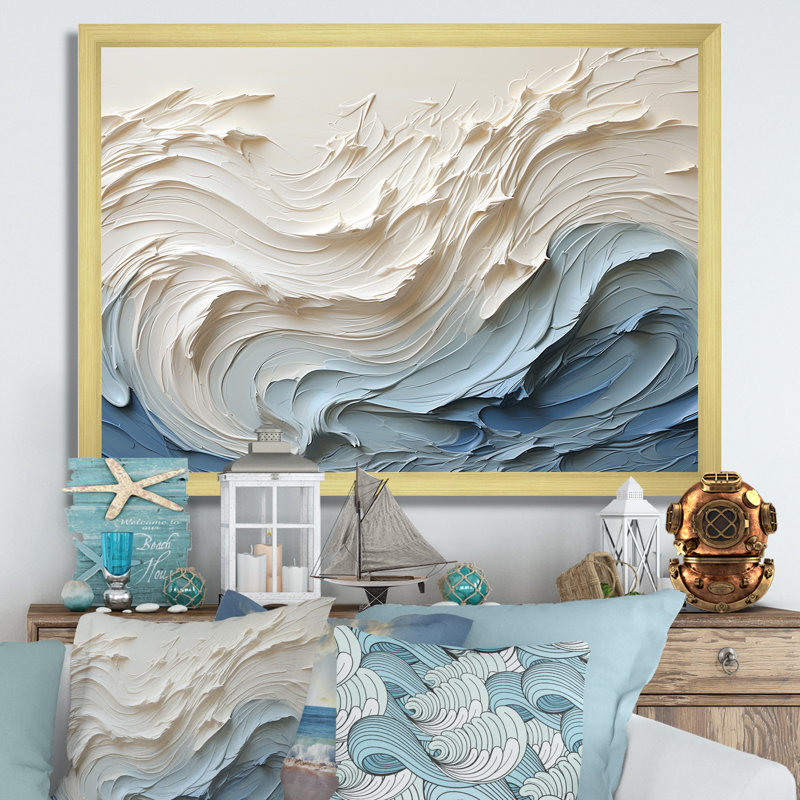 «White and Blue Wave Papercut Style - Coastal Waves», reproduction d'art sur toile (sans texture), H 12 po x l 20 po, Doré