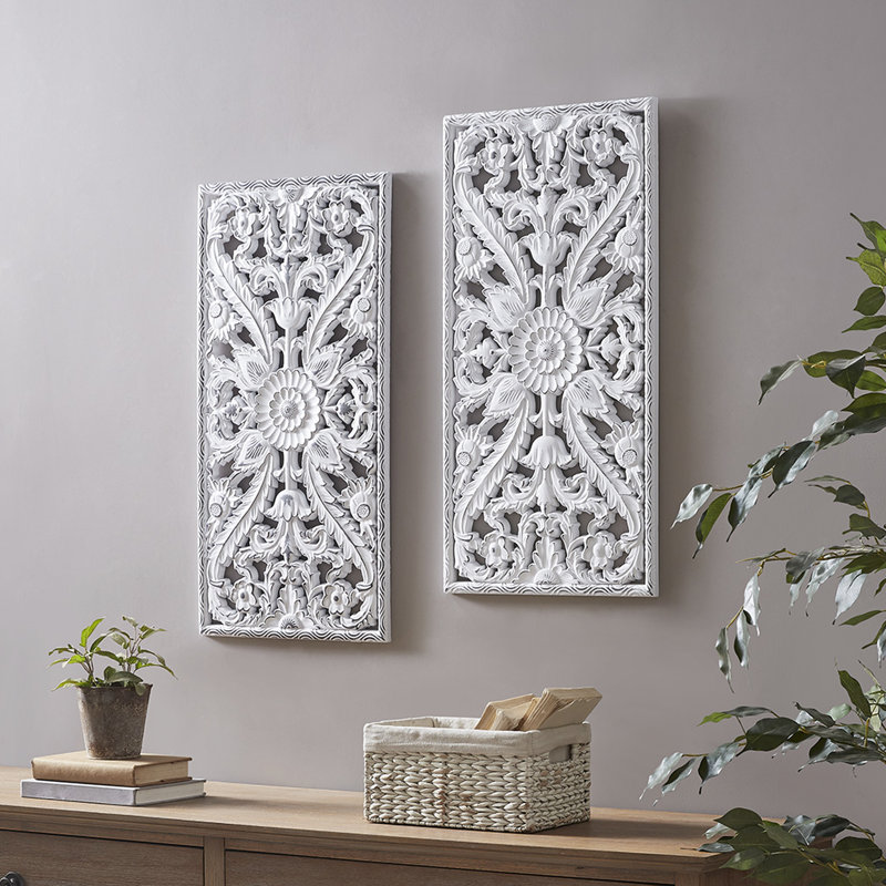 2 décorations murales en bois vieilli - intérieur blanc délavé fleur de lotus