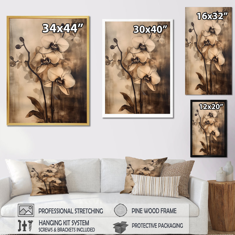 Orchidées exotiques brunes sur toile, Cadre naturel flottant, H 32 po x l 24 po x P 1 po