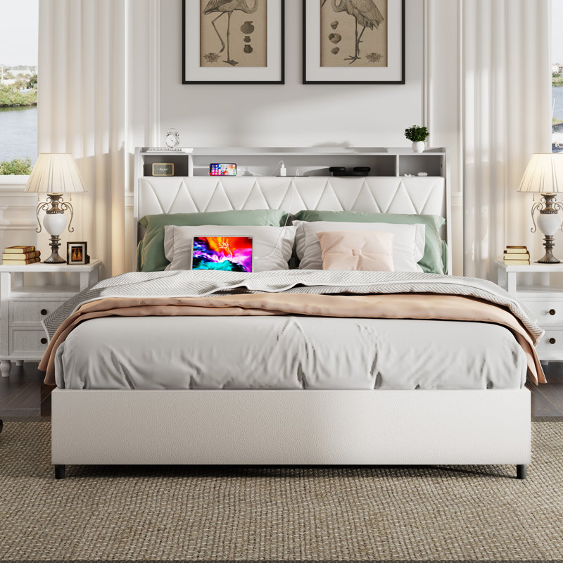 Cadre de lit avec tête de lit ergonomique, Double , Blanc