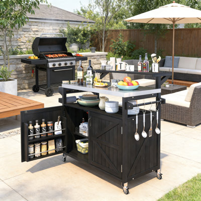 Chariot à roulettes extérieur 53 po avec comptoir en acier inoxydable de qualité alimentaire, station de préparation de cuisine portable avec support à épices, barre à serviettes et rangement pour barbecue de patio