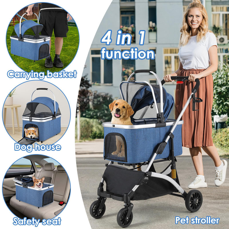 Foldable Pet Stroller, Blue/Silver