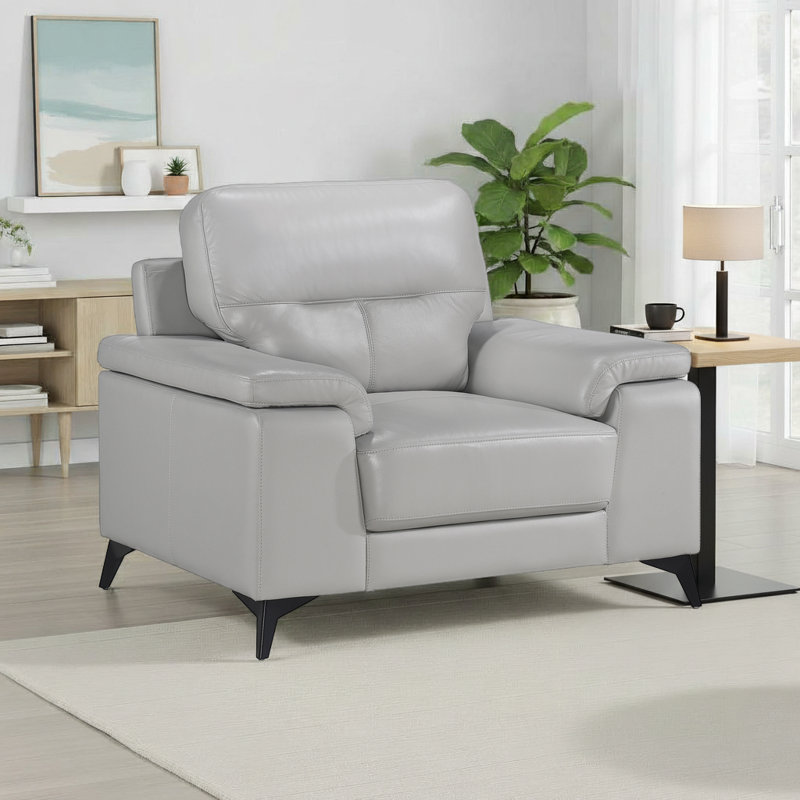 Teasley 44" Modern & Contemporary Accent Chair with Top Grain Leather, Exposed Metal Feet, High-Density Foam Cushions