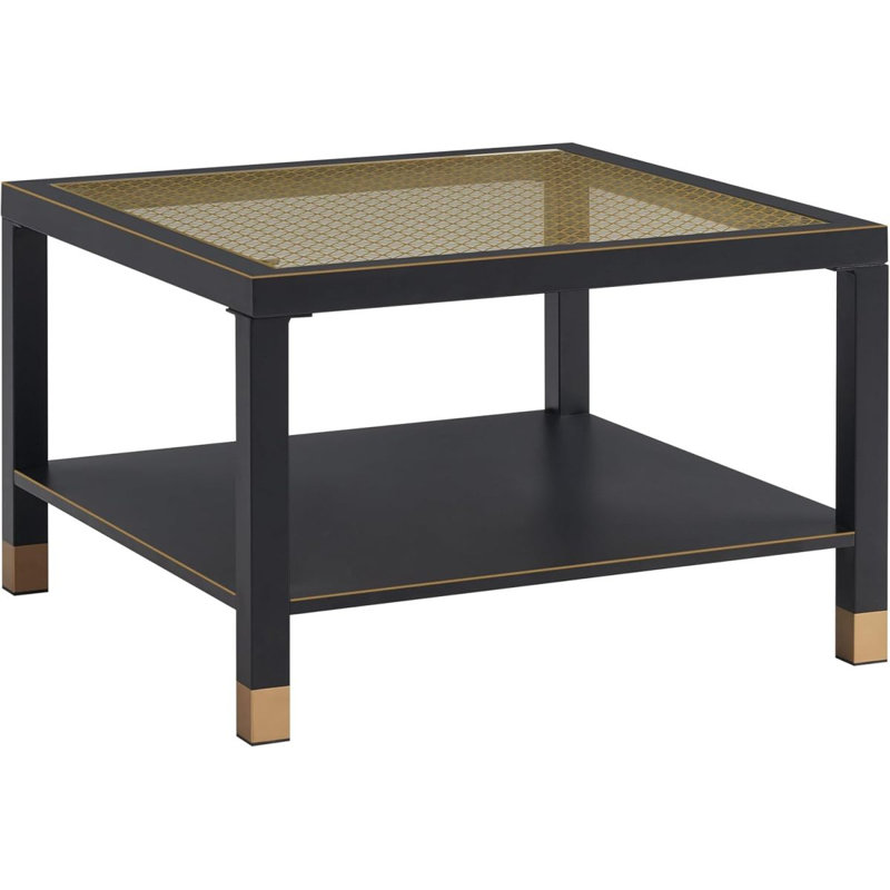 Table basse industrielle carrée - structure en acier noir mat 27,6 po et plateau en verre doré, Noir