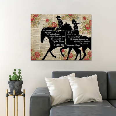 Cowboy And Cowgirl Flower Newspaper Background - You Are My Best Friend, Best Soulmate - 1 Piece Rectangle Graphic Art Print On Wrapped Canvas