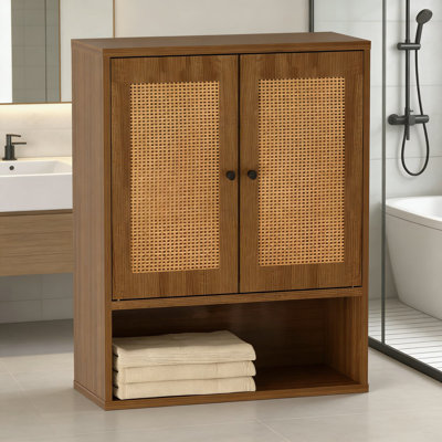 Armoire de rangement en rotin avec portes doubles - Armoire de salle de bain murale à 3 niveaux au-dessus de la toilette, armoire à pharmacie Boho Chic pour la cuisine, le salon et l'organisation de la salle de bain
