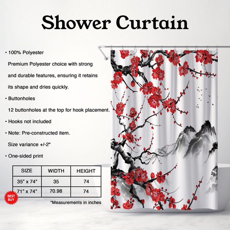 Rideau de douche standard 1 pièce Crimson Sakura Motifs, H 74 po x l 71 po