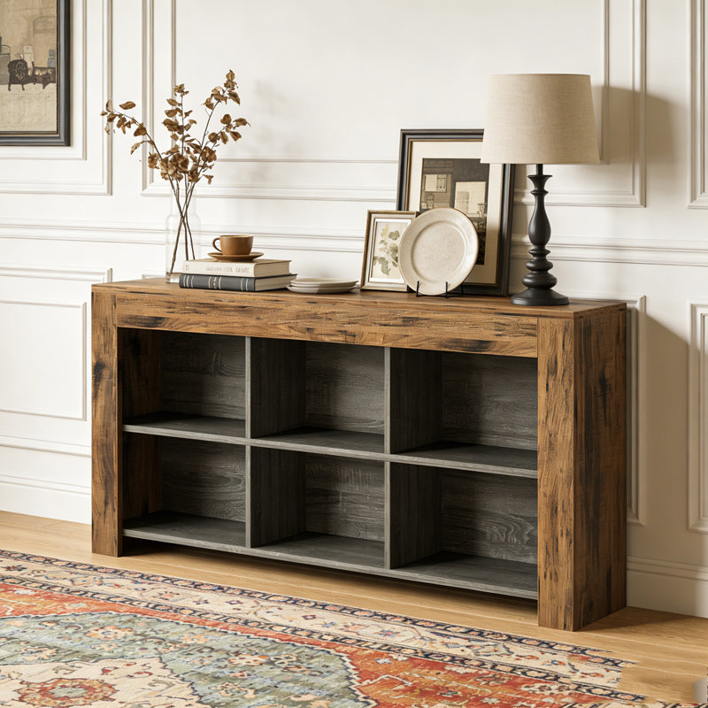 Table de canapé en bois, console de style rustique avec 6 cubes de rangement