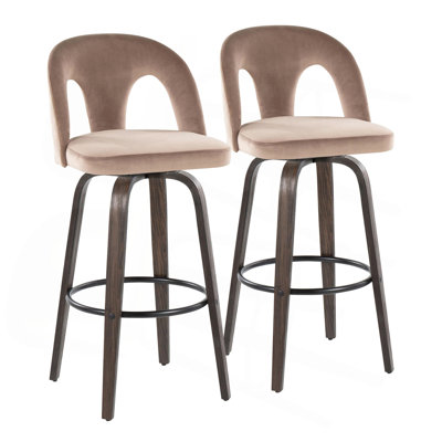 Tabouret de bar à hauteur fixe avec pivot en bois verni noyer et velours avec repose-pieds rond en métal noir - ensemble de 2