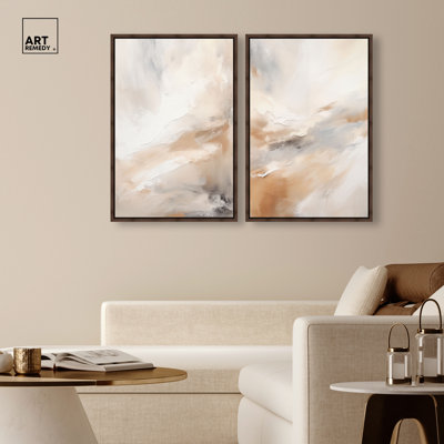 «Hues of the Desert Duo», reproduction d'art sur toile encadrée, ensemble d'art mural boho doré par Art Remedy, cadre en noyer, 20 x 30