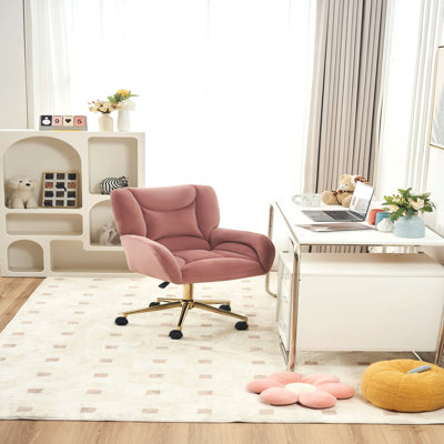 Pink Velvet Fabric Office Chair, 360 Swivel Home Office Chair, With Gold Metal Base And Universal Wheels