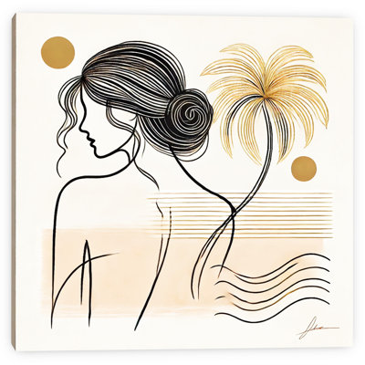 «Tropical Reverie», art mural sur toile - Silhouette féminine au bord de la plage avec accent de palmier doré