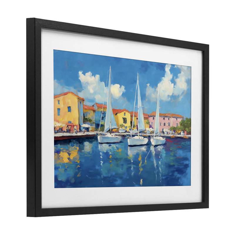«White Bateaux in Colorful Port», impression par Franklyn Gregory, H 14 po x l 20 po, Cadre noir minuit