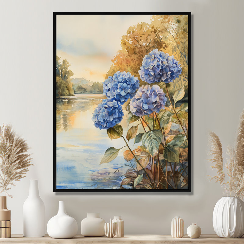 «Hydrangeas By The Riverbank II - Hydrangea», art sur toile, H 44 po x l 34 po, Reproduction avec cadre flottant, Noir
