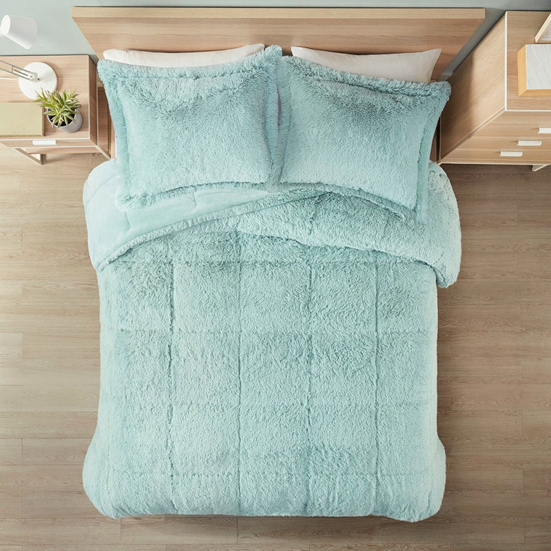 Édredon bleu très grand / très grand à poils longs - rembourrage moelleux l 104 po x l 90 po l 2 taies décoratives l 20 po x P 36 po + P 2 po