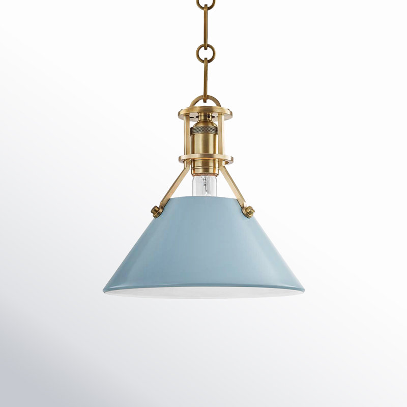 Painted No.2 Pendant by Mark D. Sikes, Blue Bird, 9.25" H x 9.5" W x 9.5" D, Aged Brass
