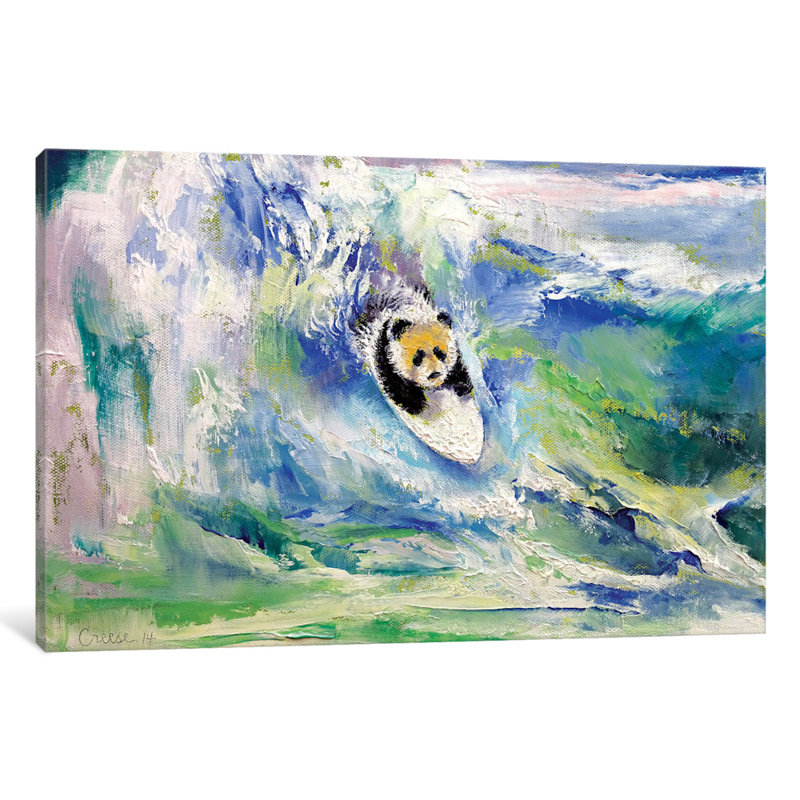 « panda surfer », peinture sur toile tendue, H 18 po x l 26 po x P 1,5 po, Toile tendue, Pas de tapis
