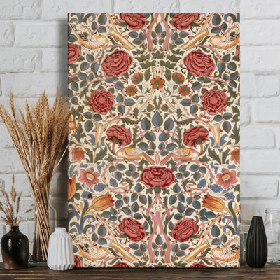 Floral tapestry: Red roses and birds intertwine Canvas Wall Art - Symmetrical Art Nouveau style. Modern Painting - 1" Deep Gallery Wrapped - 24" x 36"