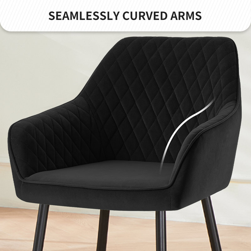 Velvet Upholstered Dining Chairs With Armrests & Diamond Tufting  , Black