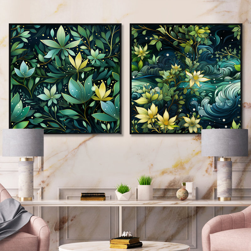 Natures Meditation Mediation - Ensemble de 2 collages carrés botaniques abstraits, Cadre flottant noir, H 16 po x l 33 po