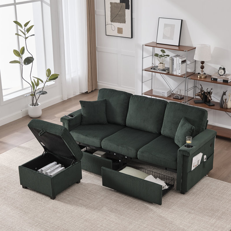 76.39" Reversible L-Shaped Sectional Sofa with Pull-Out Storage, Ottoman & Pillows with USB Charging,Cup Holder for Living Room