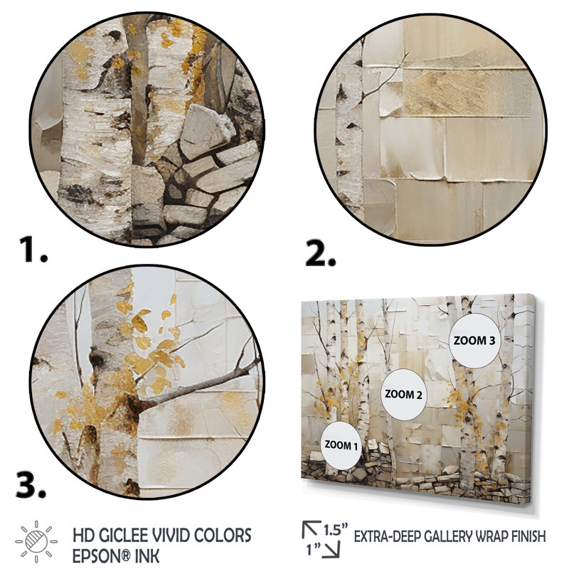 Art sur toile de bouleau beige et jaune, Cadre flottant doré, H 12 po x l 20 po x P 1 po