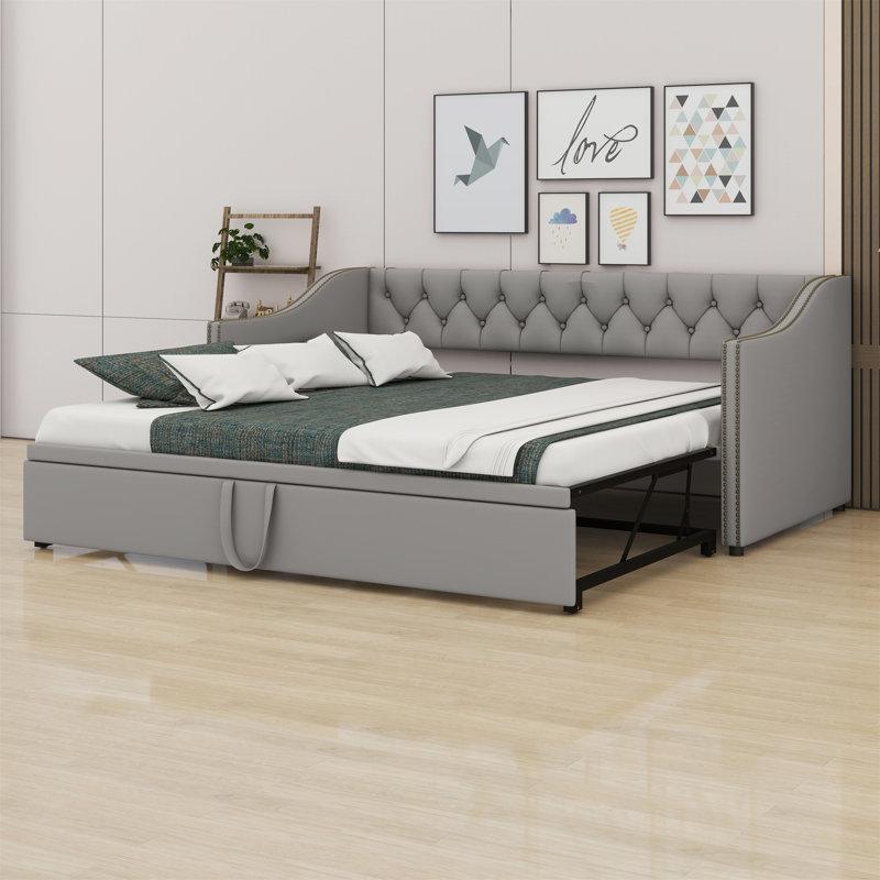 Twin Size Upholstered Daybed With Pop Up Trundle, Gray