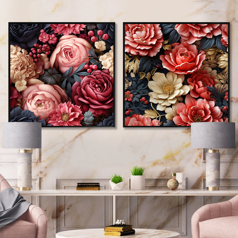 Sennède - Ensemble de 2 collages carrés floraux, Cadre flottant noir, H 16 po x l 33 po