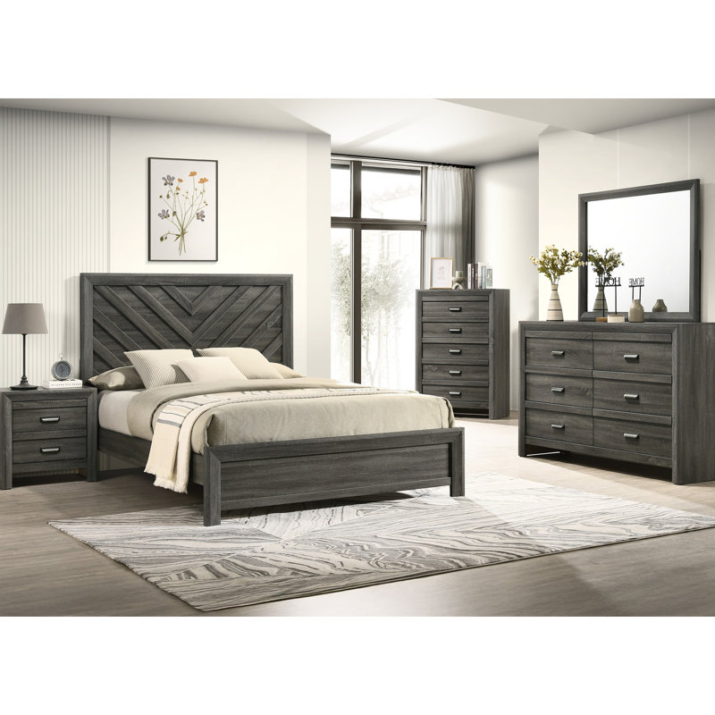 Lit double de style contemporain avec finition gris rustique, motif et motif géométriques, structure en bois massif pour l'ameublement de chambre à coucher, cadre