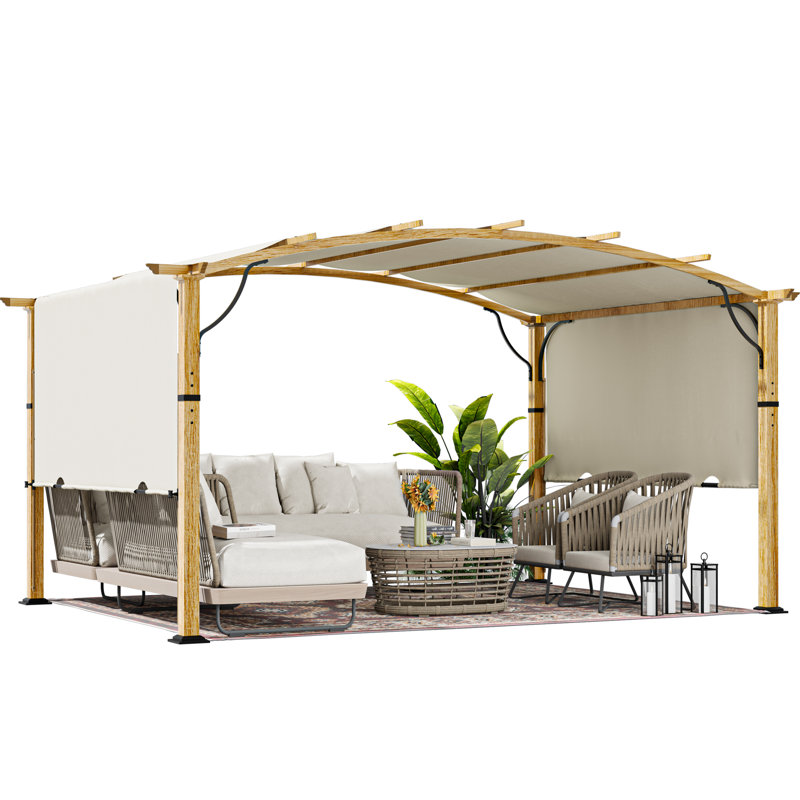 Pergola en aluminium avec auvent, H 92,10 po x l 157,50 po x P 118,10 po, Auvent beige / structure en grain de bois naturel